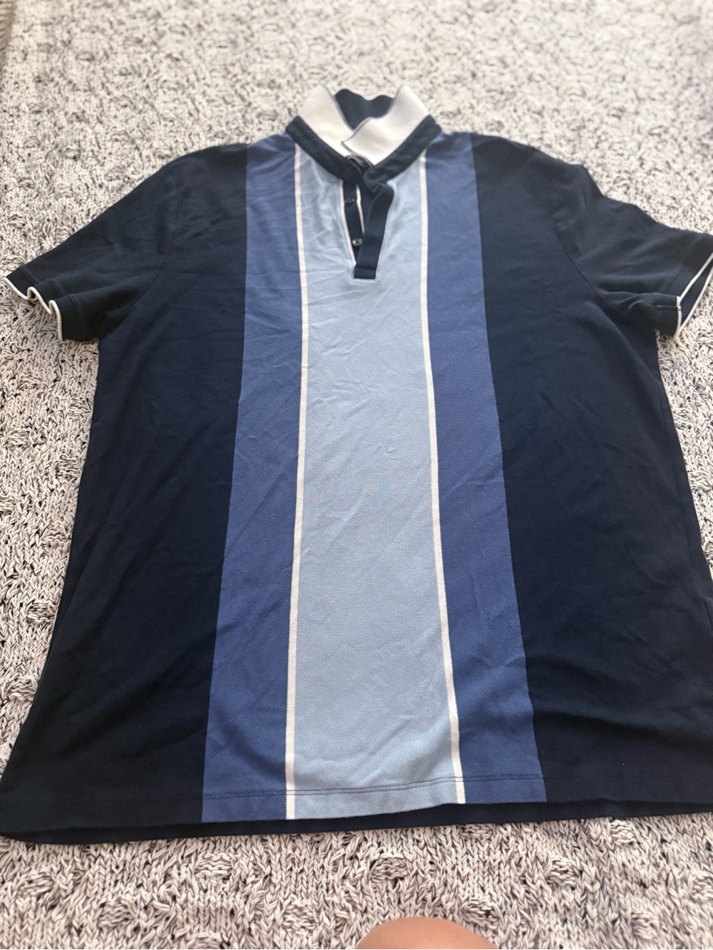 Express Men's Navy and Light Blue Vertical Stripe Polo